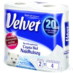 Ręczniki w roli celulozowe VELVET Najdłuższy, 2-w, 90 listków, 2szt., białe ręcznik