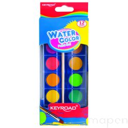 Farby  szkolne wodne akwarelowe KEYROAD, z pędzelkiem, 12 kolorów