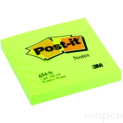 Bloczek samoprzylepny POST-IT (654N), 76x76mm, 1x100 kart., jaskrawy zielony