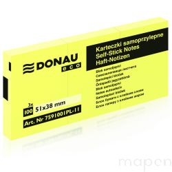 Bloczek samoprzylepny DONAU Eco, 38x51mm, 3x100 kart., jasnożółty