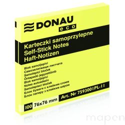 Bloczek samoprzylepny DONAU Eco, 76x76mm, 1x100 kart., jasnożółty