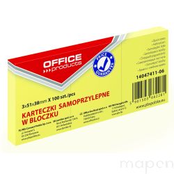 Bloczek samoprzylepny OFFICE PRODUCTS, 38x51mm, 3x100 kart., pastel, jasnożółty