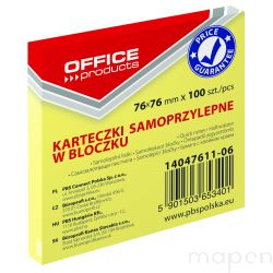 Bloczek samoprzylepny OFFICE PRODUCTS, 76x76mm, 1x100 kart., pastel, jasnoľ˘te