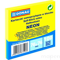 Bloczek samoprzylepny DONAU, 76x76mm, 1x100 kart., neon, żółty