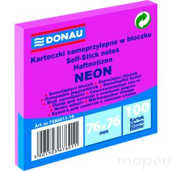 Bloczek samoprzylepny DONAU, 76x76mm, 1x100 kart., neon, różowy