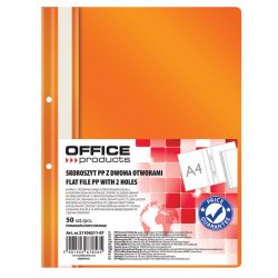 Skoroszyt OFFICE PRODUCTS, PP, A4, 2 otwory (50szt), 100/170mikr., wpinany, Pomarańczowy
